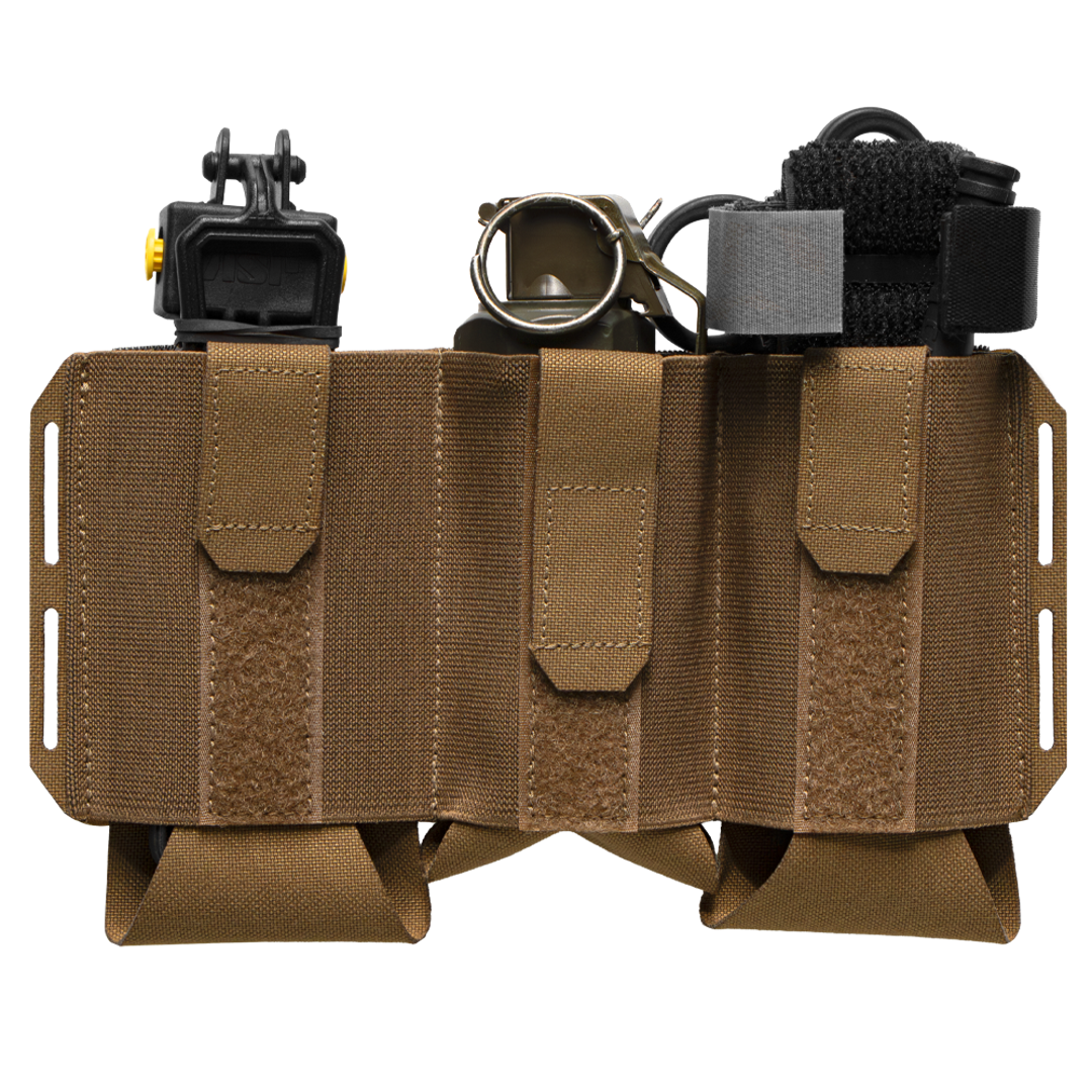 The Condor VAS Flex Placard is a brown tactical gear pouch with three compartments for a tourniquet, trauma shears, and multitool, shown against a white background.