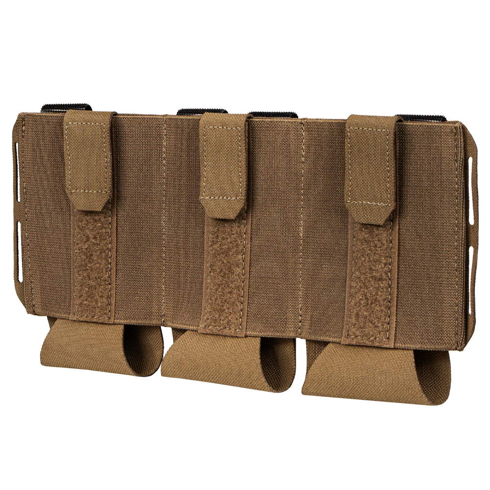 The Condor VAS Flex Placard is a coyote brown tactical triple magazine pouch with three slots and flap covers, designed for carrying magazines, shown against a white background.