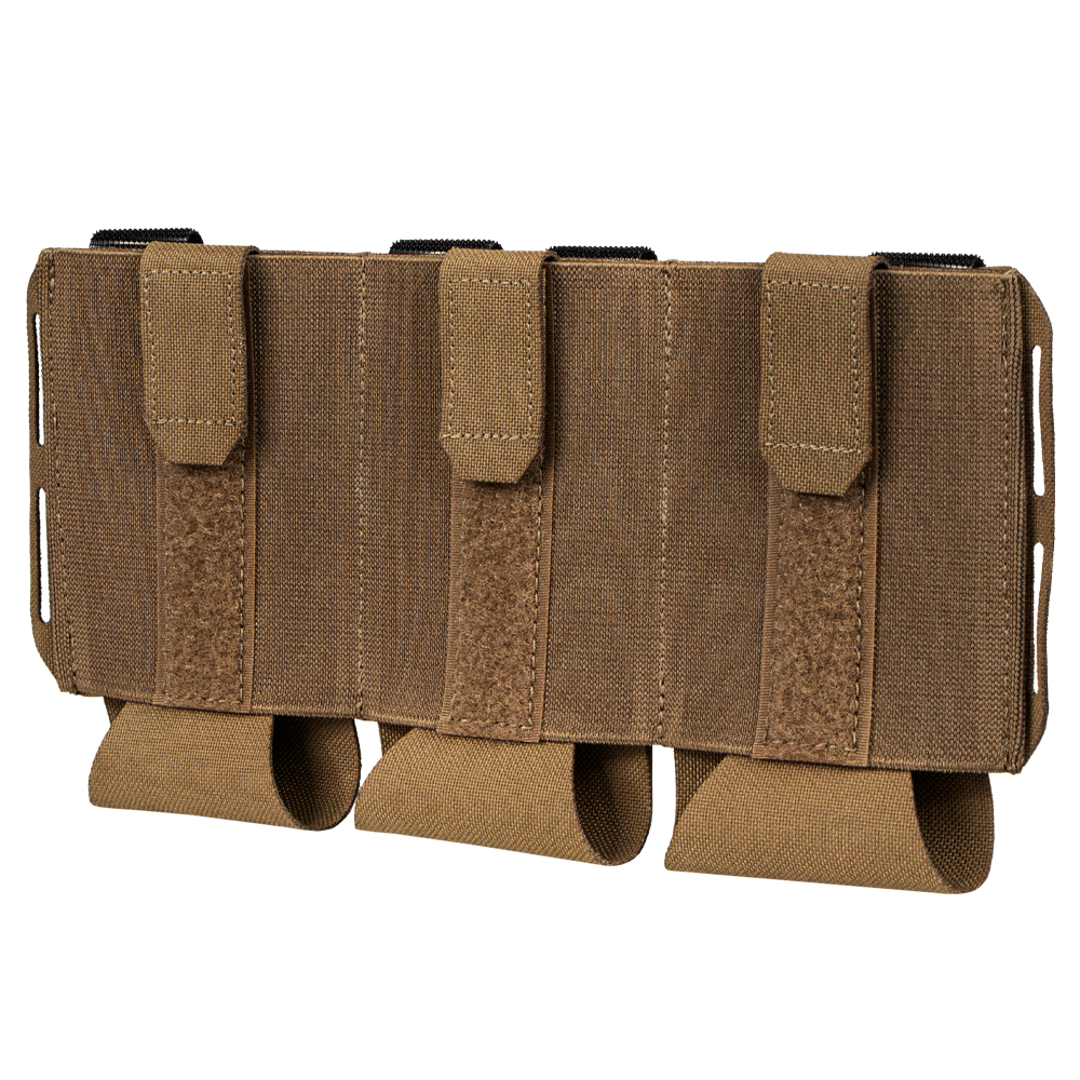 The Condor VAS Flex Placard is a coyote brown tactical triple magazine pouch with three slots and flap covers, designed for carrying magazines, shown against a white background.