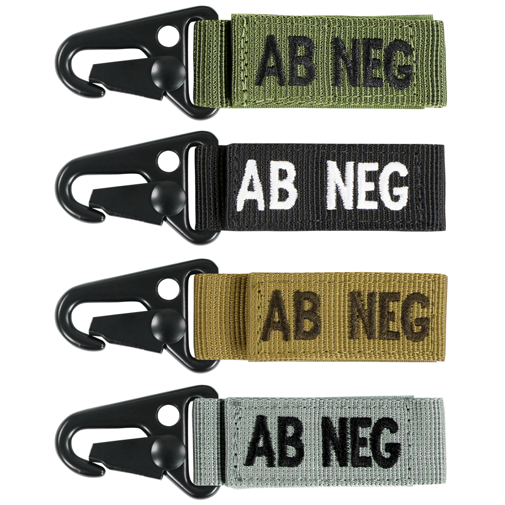 Condor Blood Type Key Chain set: four keychains with black clasps and AB NEG fabric tags in green, black, tan, and gray.