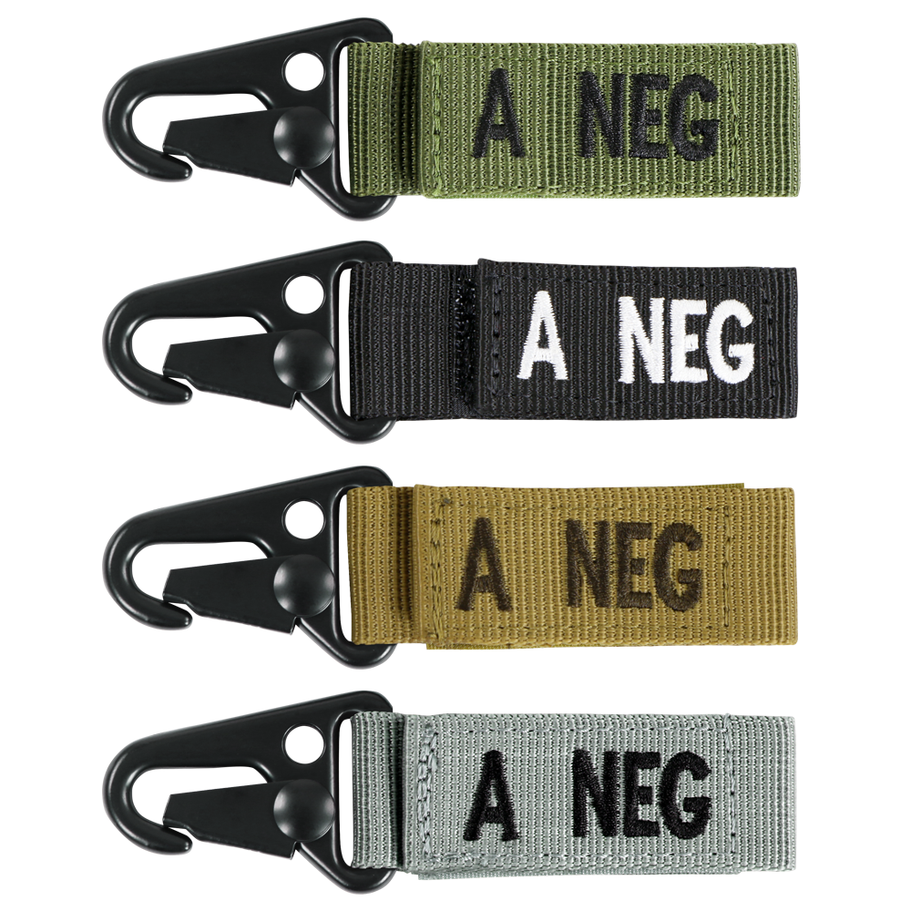 Condor Blood Type Key Chain: four metal-clip, fabric-strap keychains labeled A NEG in green, black, tan, and gray.