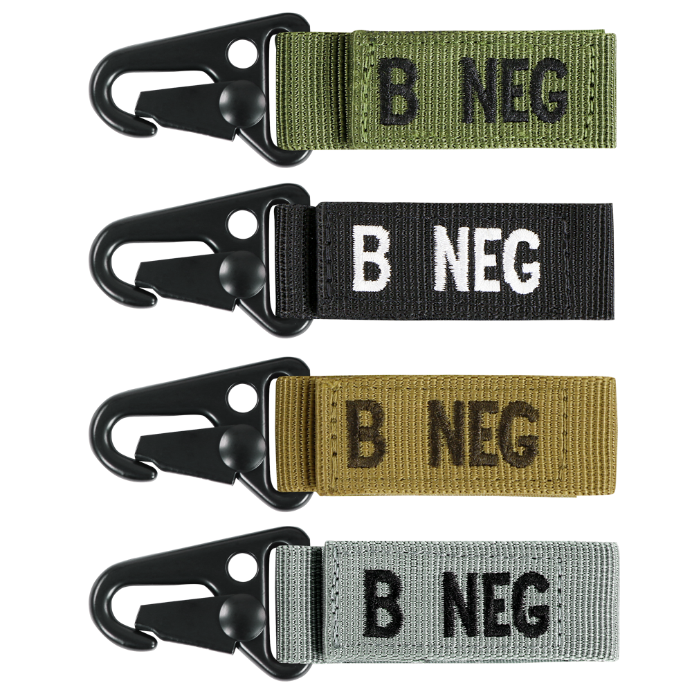 The Condor Blood Type Key Chain set includes four keychains with plastic clips and fabric straps in green, black, tan, and gray, each boldly labeled with B NEG to display your blood type.