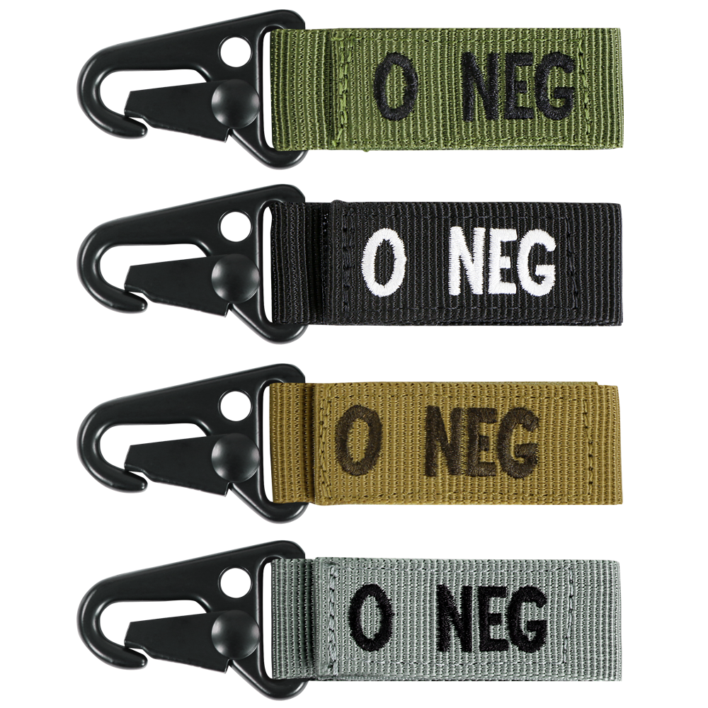 The Condor Blood Type Key Chain set includes four fabric keychains with metal clips, each labeled O NEG in green, black, tan, and gray to indicate O negative blood type.