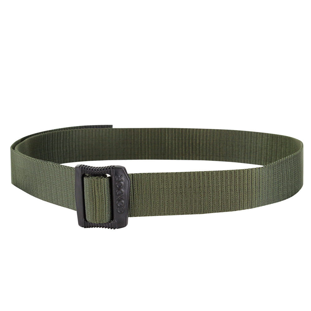 The Condor BDU Belt in olive green features durable woven nylon and a black metal buckle, perfect for bushcraft adventures.