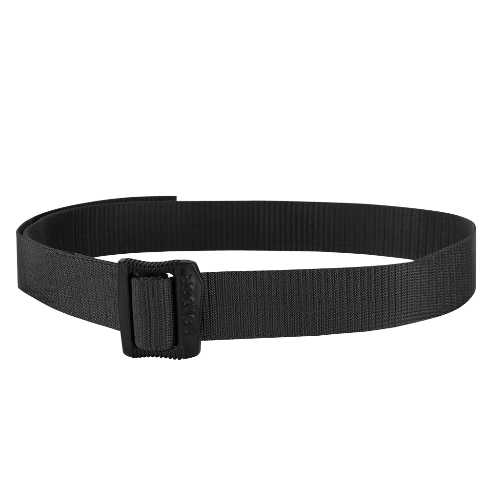 The Condor BDU Belt is a black nylon tactical belt with a rectangular plastic buckle, displayed in a circular shape on a plain background—ideal for military use or bushcraft enthusiasts.