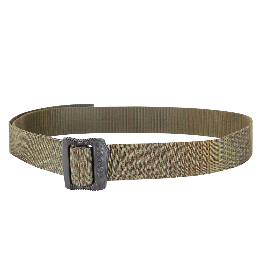 The Condor BDU Belt, in khaki nylon webbing with a rectangular metal buckle, is shown coiled—ideal for everyday carry or reliable use at the shooting range.