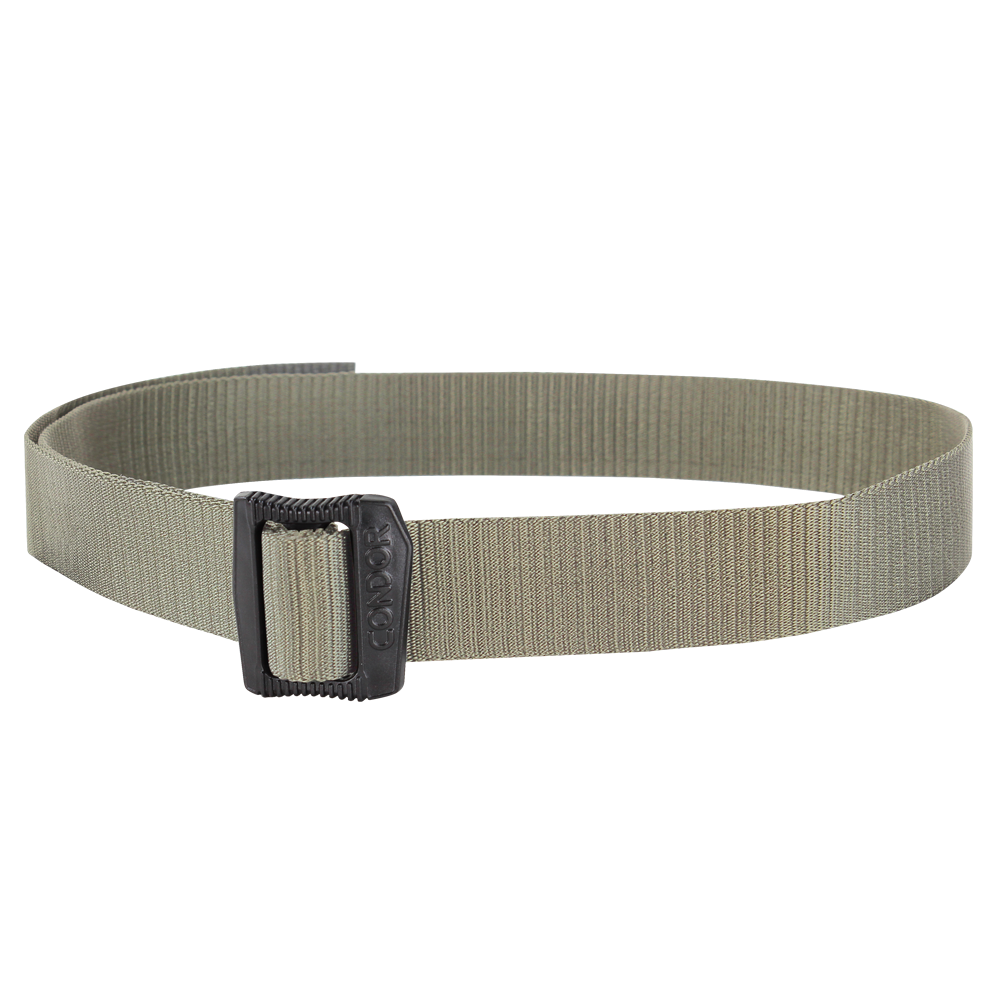 The Condor BDU Belt is a gray nylon web belt with a black rectangular metal buckle, displayed in a circular arrangement, ideal for law enforcement or military use.