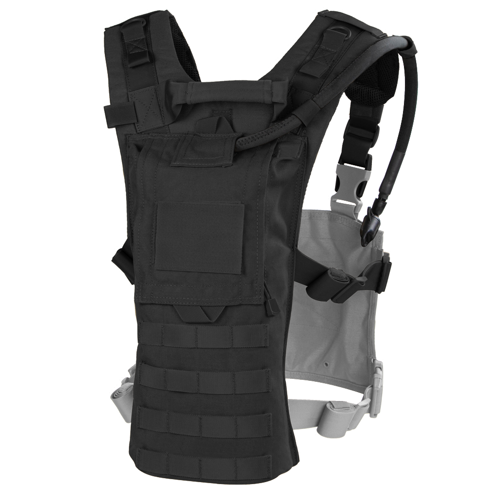 The Condor Hydro Harness Integration Kit is a black tactical vest featuring adjustable straps, multiple front pouches, and a modular attachment system for professionals to carry essential gear.