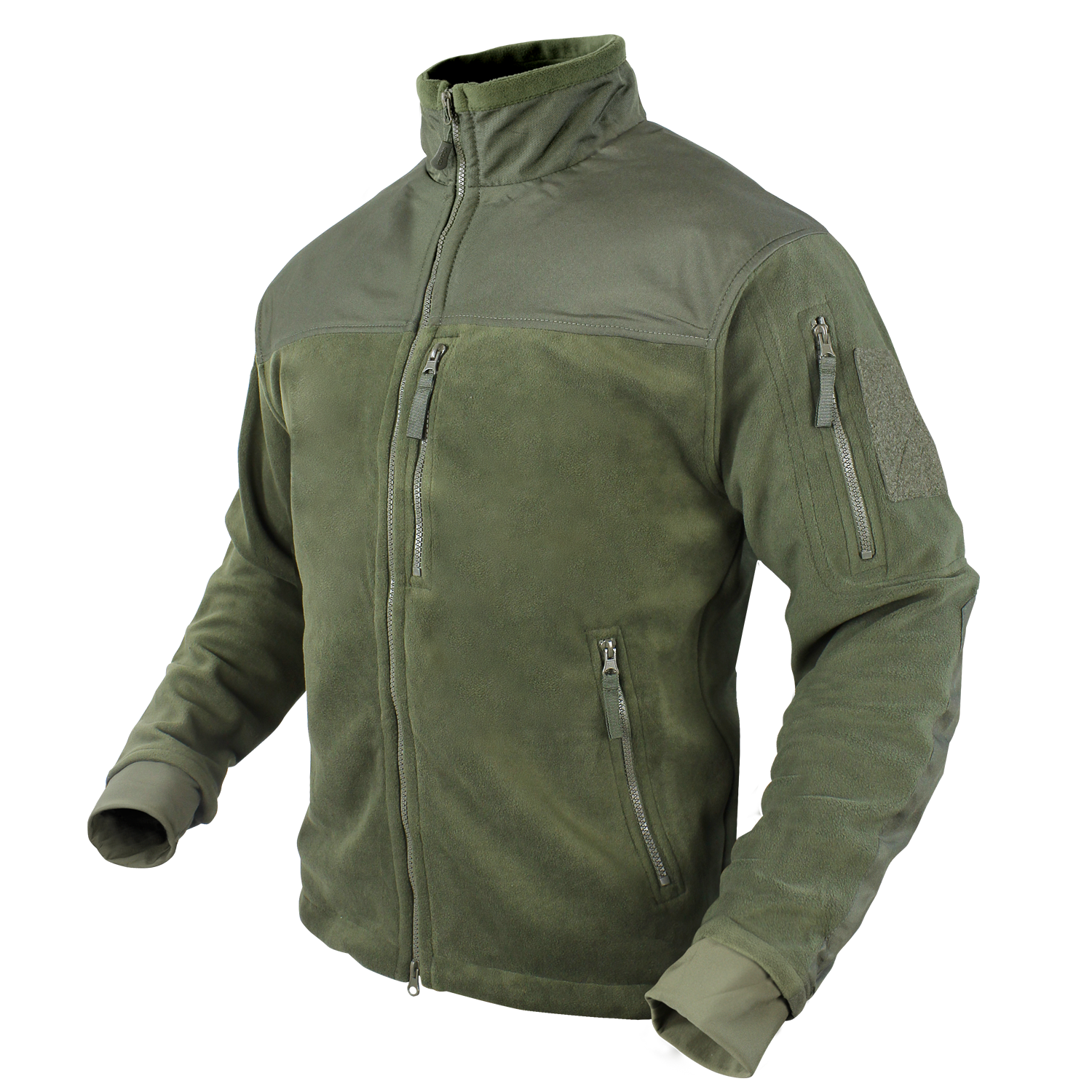 The Condor Alpha Fleece Jacket in olive green features zippered chest and sleeve pockets, a high collar, and a Velcro patch on the upper left arm, shown on an invisible mannequin.