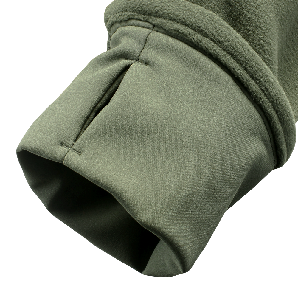 Close-up of the cuff on a Condor Alpha Fleece Jacket in green, highlighting the stitching detail and soft texture of the sleeve.