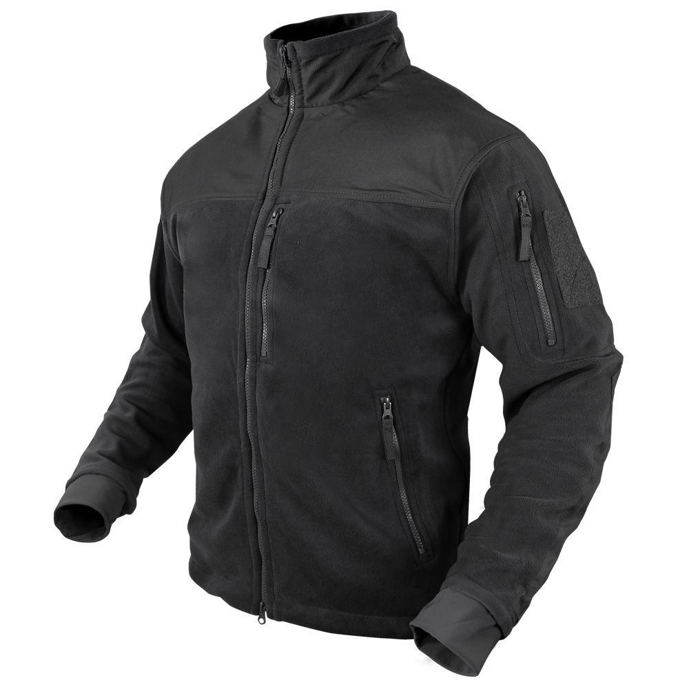 The Condor Alpha Fleece Jacket is a black zip-up with a high collar, zippered chest and side pockets, plus an upper left sleeve patch, displayed on a mannequin.