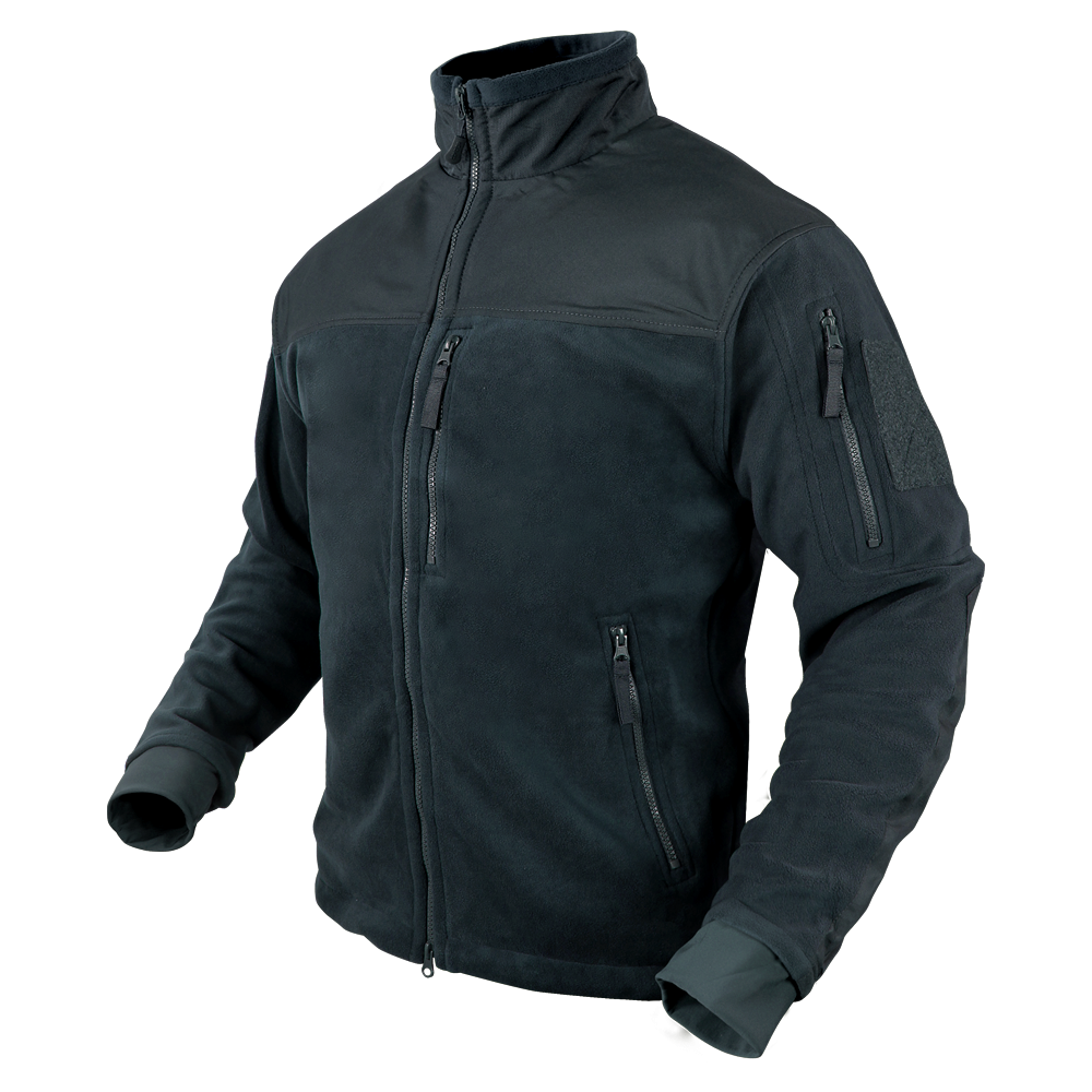 The Condor Alpha Fleece Jacket is a dark-colored, long-sleeve tactical jacket with a zip-up front, high collar, and multiple zippered pockets, shown on a plain background.