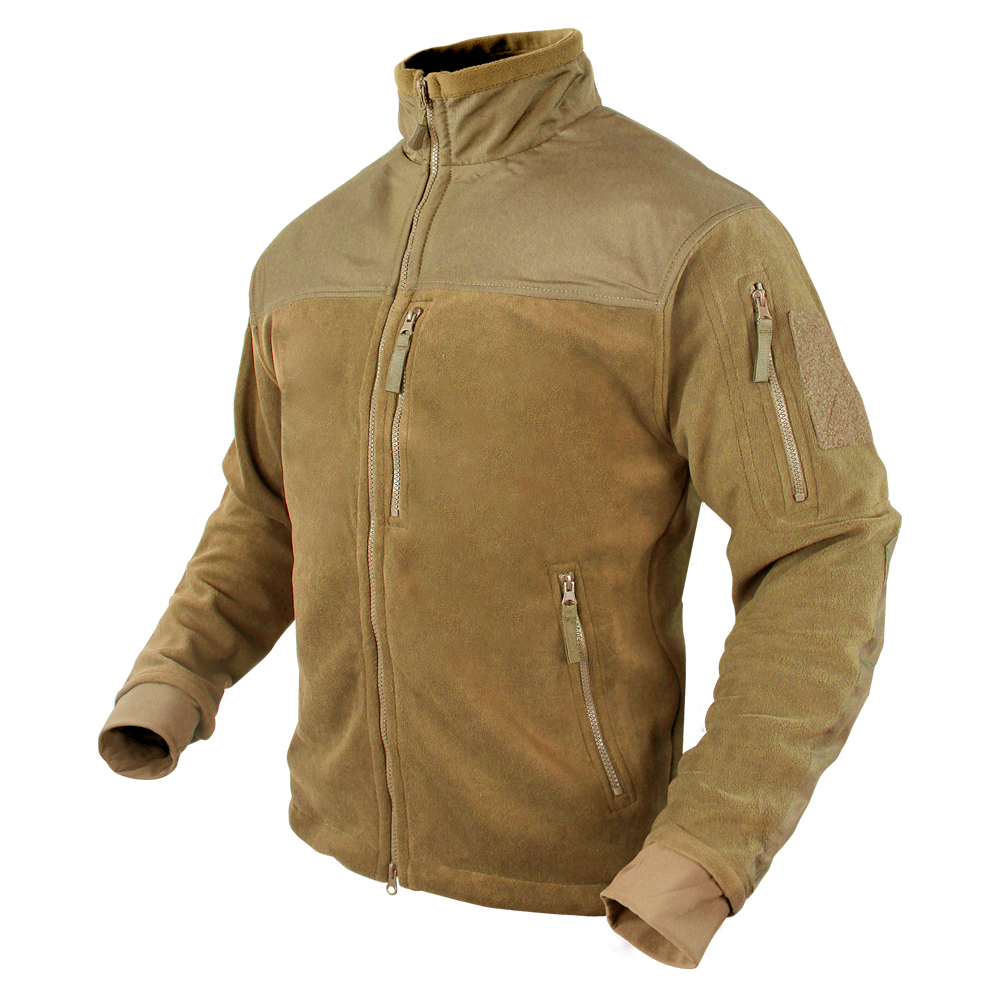 The Condor Alpha Fleece Jacket in tan features multiple zippered pockets and a high collar, shown against a plain background.