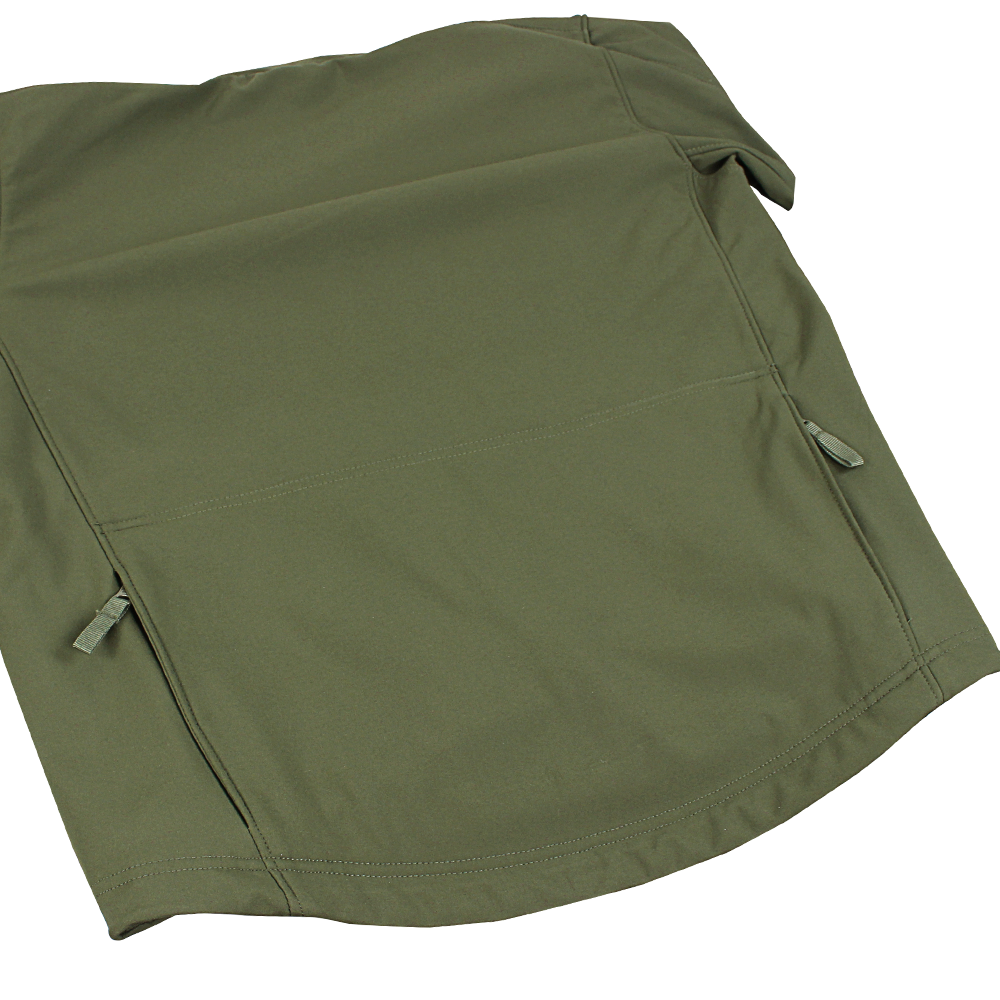 The Condor Summit Softshell Jacket in olive green features side zippers and is displayed laid flat on a white background.