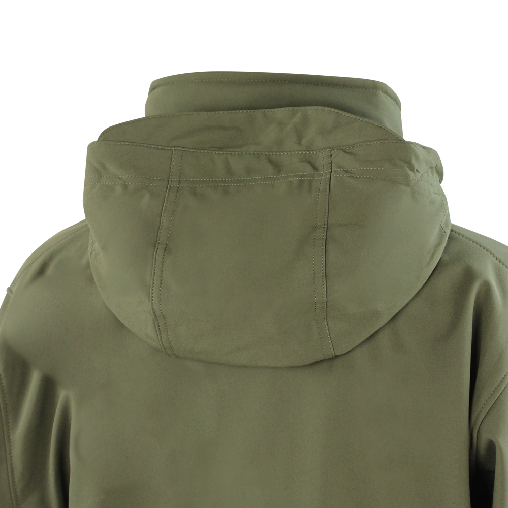Back view of the Condor Summit Softshell Jacket in olive green, designed for cold weather with a tactical hood and visible seam stitching details.