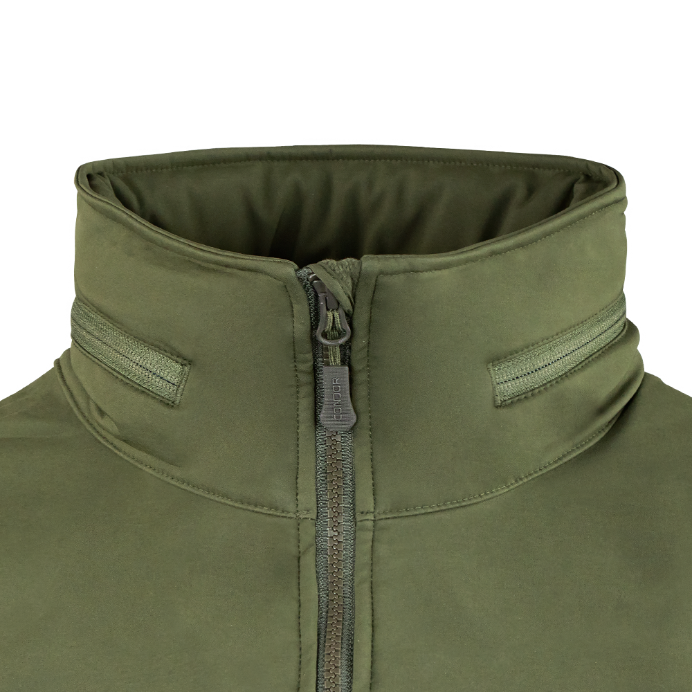 Close-up of the Condor Summit Softshell Jacket in olive green, featuring a high collar, front zipper, and dual horizontal Velcro patches for enhanced thermal insulation in cold weather.