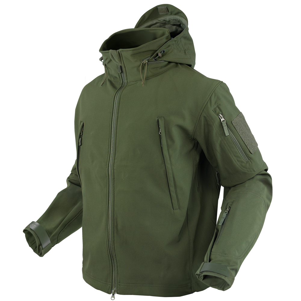 The Condor Summit Softshell Jacket in olive green features multiple zippered pockets, a front zipper closure, and adjustable cuffs—ideal for first responders or shooting range use. Shown on an invisible mannequin.
