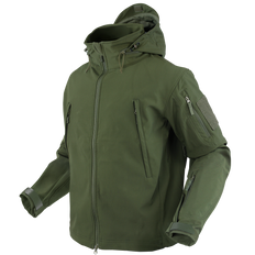 The Condor Summit Softshell Jacket in olive green features multiple zippered pockets, a front zipper closure, and adjustable cuffs—ideal for first responders or shooting range use. Shown on an invisible mannequin.