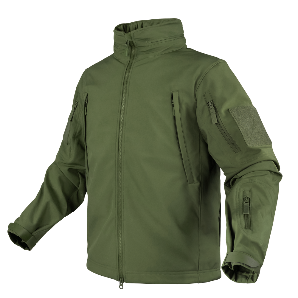 The Condor Summit Softshell Jacket features multiple zippered pockets, adjustable cuffs, a high collar, and a Velcro patch on the upper arm—perfect for law enforcement or military use—shown against a white background.