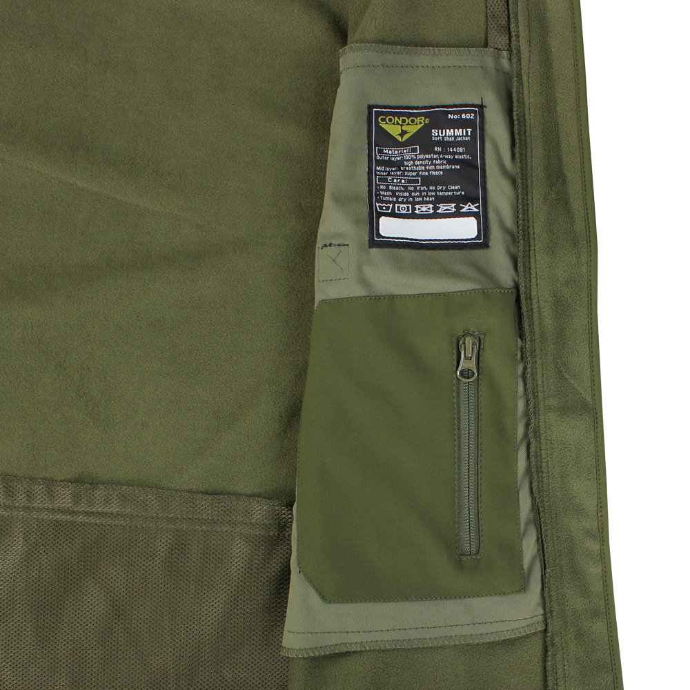Close-up of the olive green Summit Softshell Jacket by Condor, featuring a tactical hood, zippered pocket, and a label with washing instructions and Condor branding.