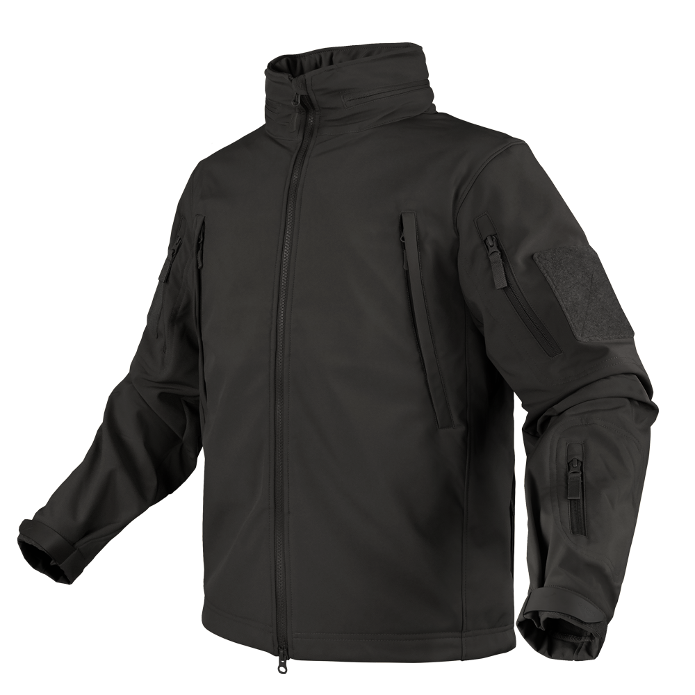 The Condor Summit Softshell Jacket features multiple zippered pockets on the chest, sleeves, and arms, designed for military or law enforcement use. Shown here on a plain white background.