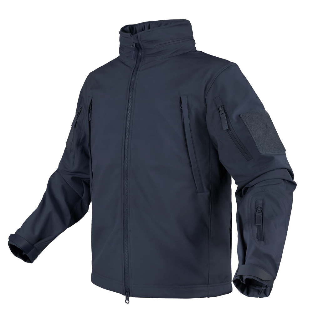 The Condor Summit Softshell Jacket features a dark navy design, high collar, full front zipper, zippered pockets, and a hook-and-loop sleeve patch—perfect for bushcraft enthusiasts and outdoor adventurers.