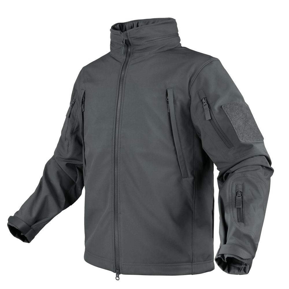 The Condor Summit Softshell Jacket is a gray tactical jacket designed for EDC or range trips, featuring multiple zippered chest, arm, and sleeve pockets. Displayed on a plain background.