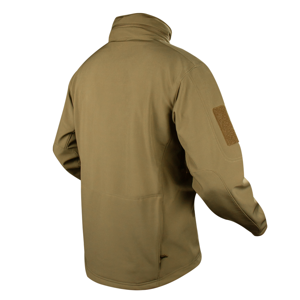 The Condor Summit Softshell Jacket in tan is shown from the back, featuring long sleeves, a high collar, and a Velcro patch on the right sleeve—ideal for EDC or range trips.