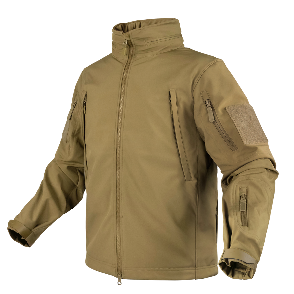 The Condor Summit Softshell Jacket is a tan tactical jacket with zippered chest and sleeve pockets, ideal for EDC, featuring a high collar and Velcro patches on the upper arms.