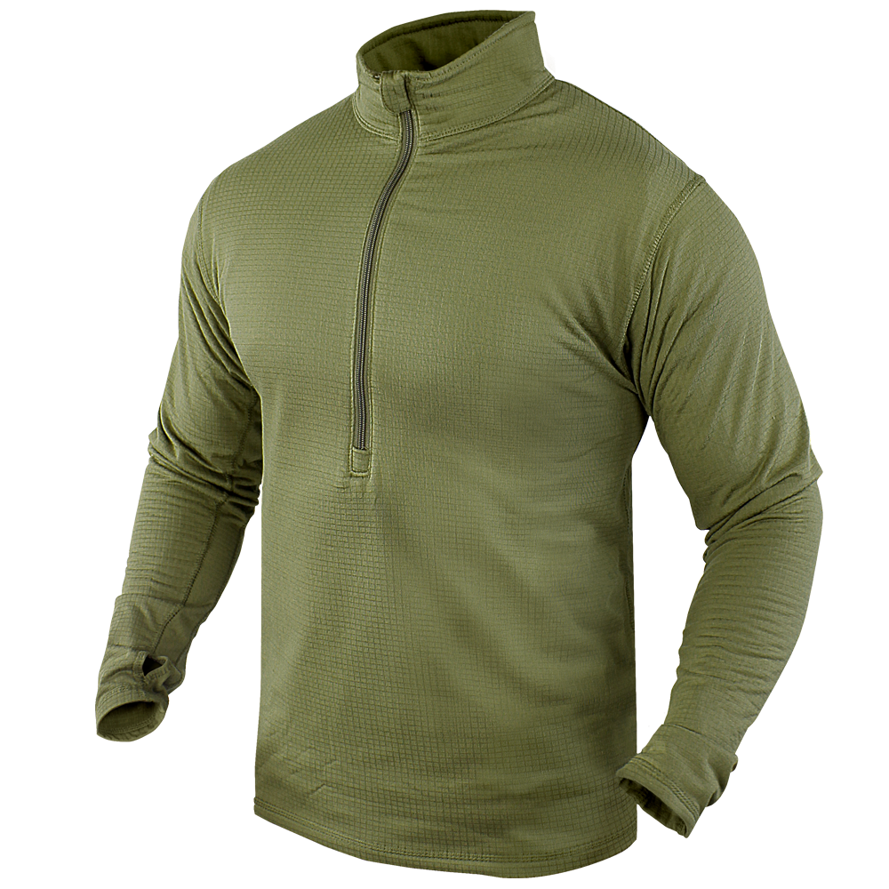 The Condor Base II Zip Pullover is an olive green, long-sleeve quarter-zip shirt with a high collar, shown on a featureless mannequin and no visible branding.