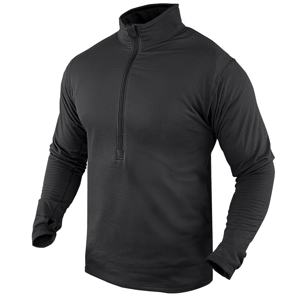 The Condor Base II Zip Pullover is a black long-sleeve top with a quarter-zip front and high collar, shown on a plain background.