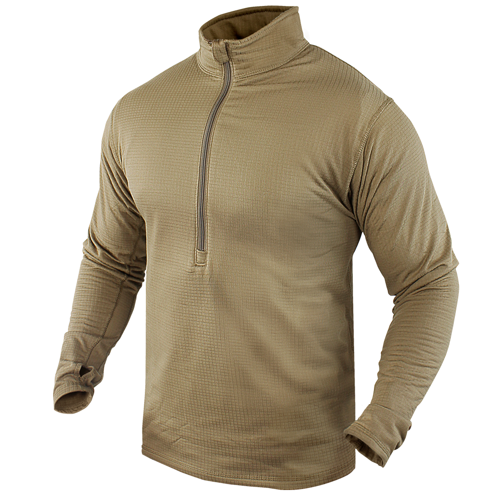 The Condor Base II Zip Pullover, shown on a headless mannequin, features a tan color, long sleeves, a quarter-zip front, and a mock neck.