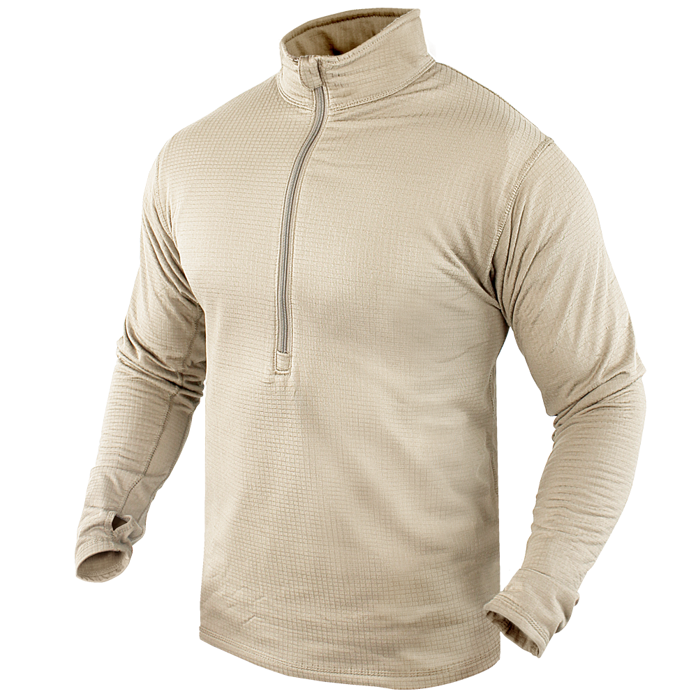 The Condor Base II Zip Pullover is a beige, long-sleeve, quarter-zip top with a high collar and thumb holes, shown on a plain background.