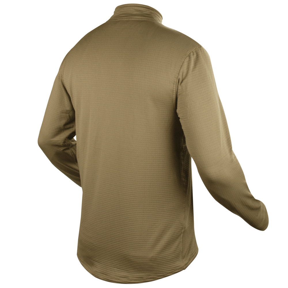 The Condor Base II Zip Pullover is a light brown long-sleeve shirt with a high collar, shown from the back, and features subtle textured fabric.