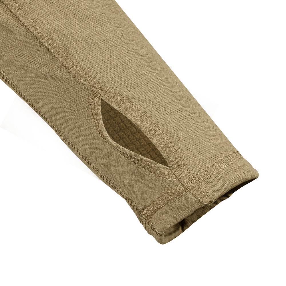Close-up of the Condor Base II Zip Pullover in tan, highlighting its long sleeves with thumbhole cuffs, visible stitching, and textured fabric.
