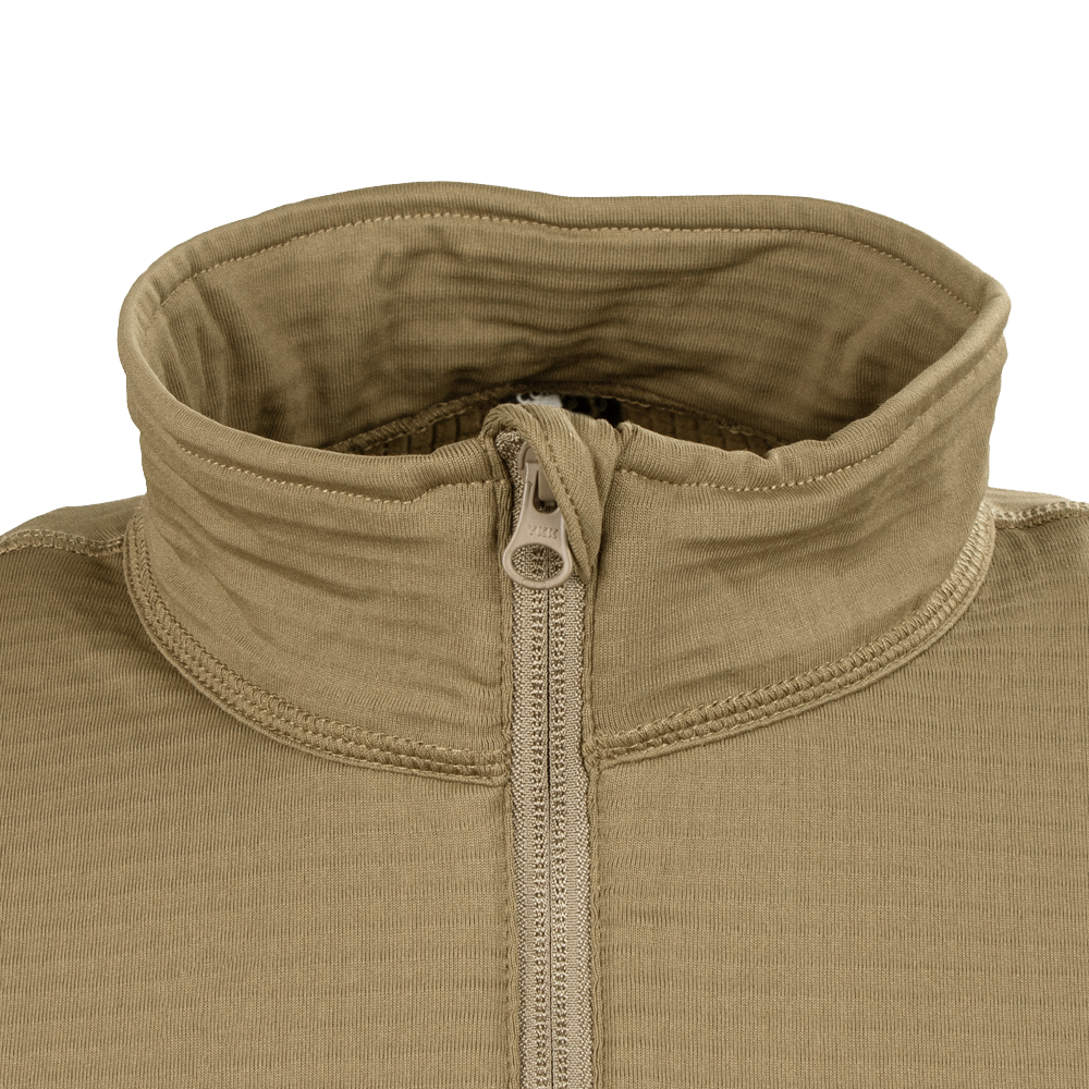 Close-up of the Condor Base II Zip Pullover, a tan, ribbed half-zip jacket featuring a high collar and visible stitching.