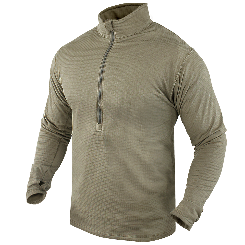 The Condor Base II Zip Pullover, featuring long sleeves, a high collar, textured tan fabric, and a quarter-zip design, is displayed on a plain background.