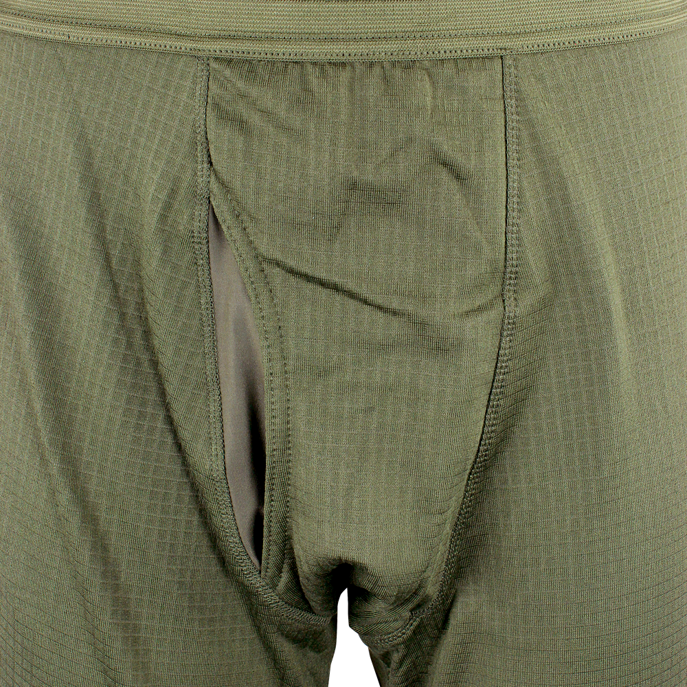 Close-up view of Condor Base II Mid-Weight Drawer mens underwear in green with a front fly and tactical-inspired textured fabric.