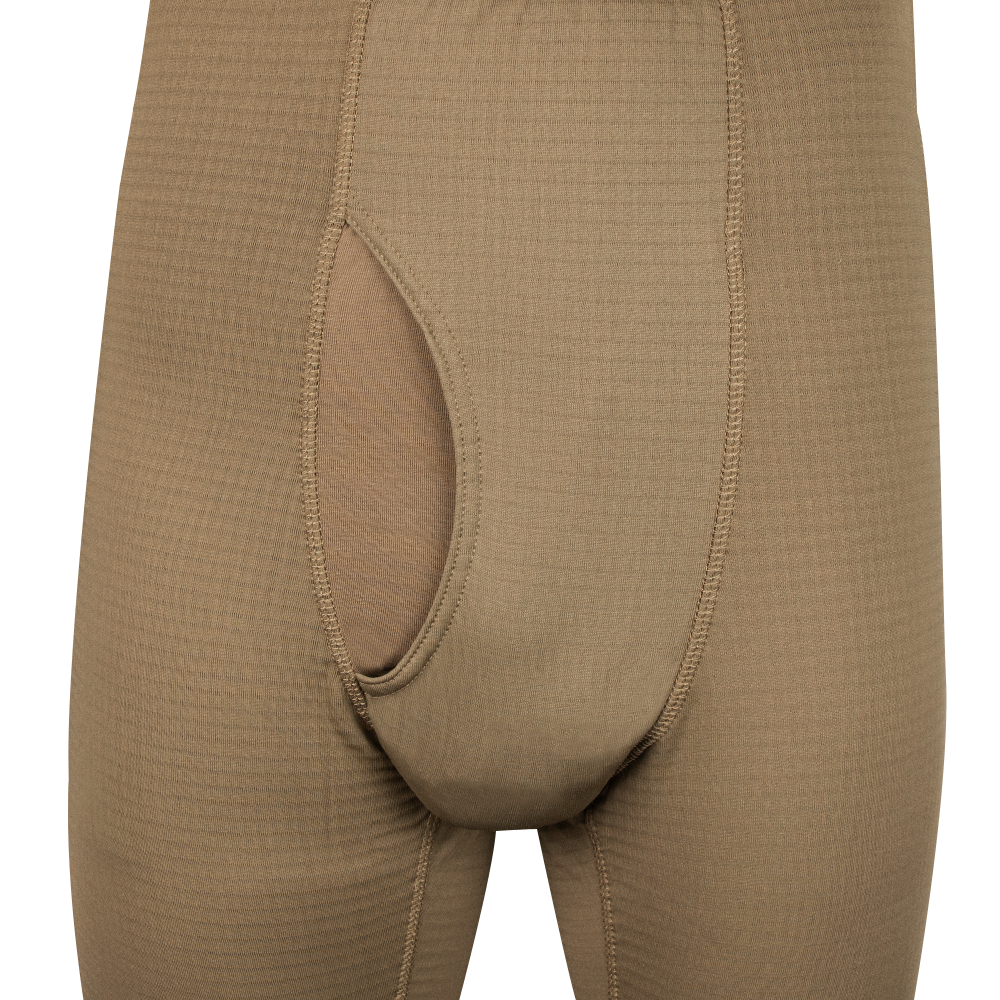 Close-up of the Condor Base II Mid-Weight Drawer, brown thermal underwear with a visible front fly, designed for reliable comfort—ideal for EDC or law enforcement professionals in any environment.