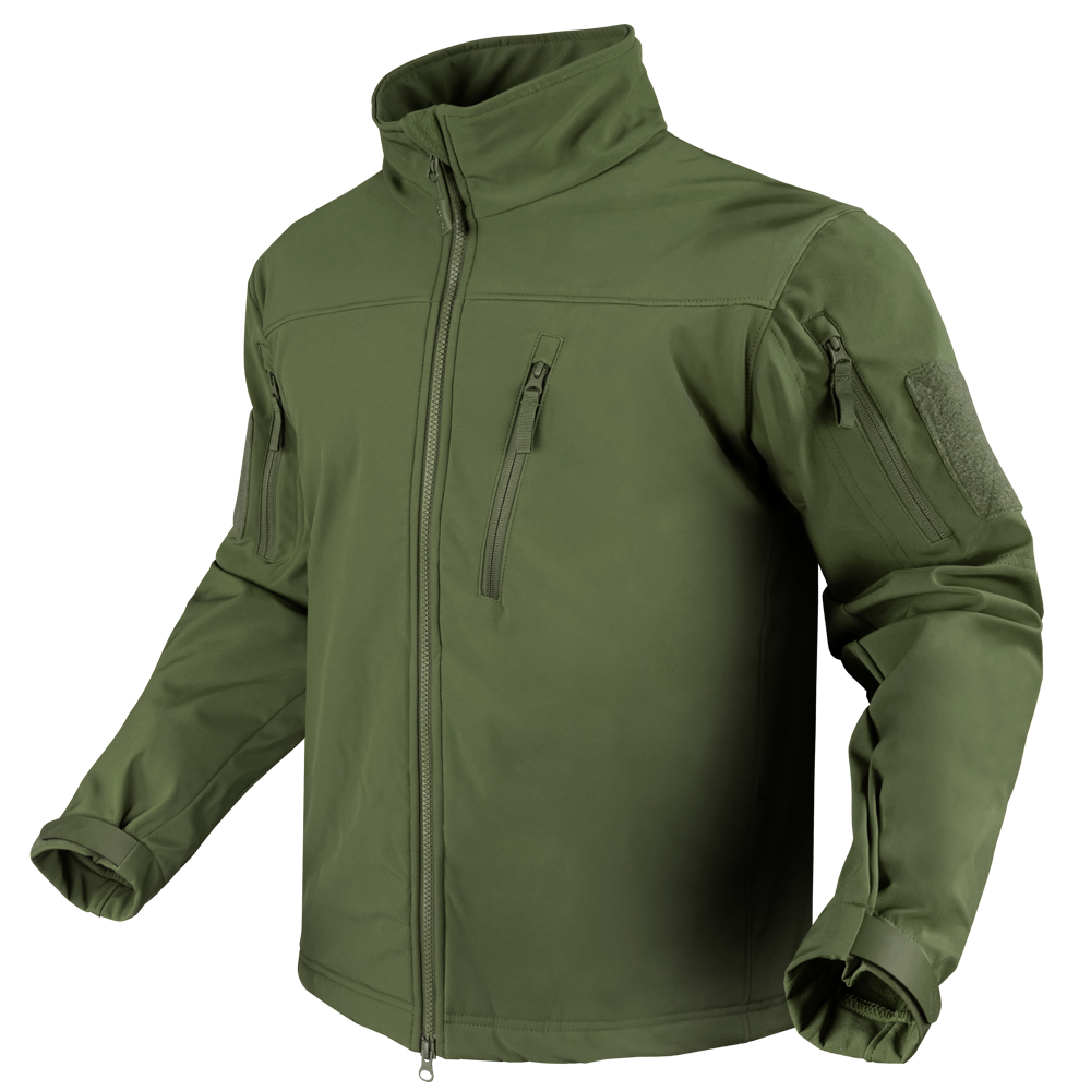 The Condor Phantom Softshell Jacket is a green, long-sleeve tactical jacket featuring a high collar, zippered chest and side pockets, and adjustable cuffs, shown on an invisible mannequin.