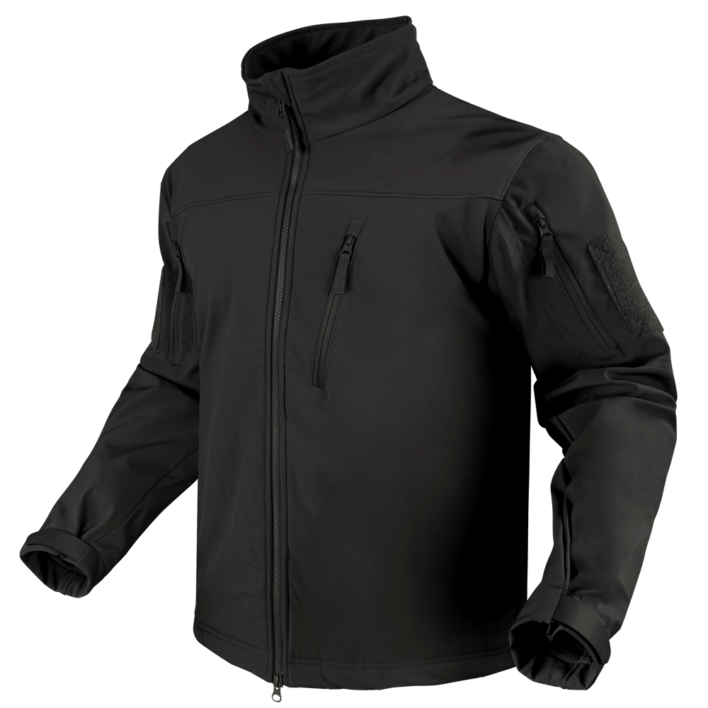 The Condor Phantom Softshell Jacket, shown on an invisible mannequin, is a black zip-up tactical jacket featuring multiple zippered pockets, a high collar, and adjustable cuffs.