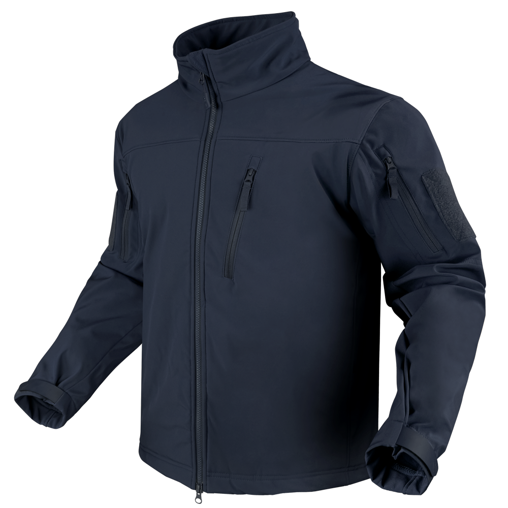 The Condor Phantom Softshell Jacket is a dark blue zip-up with a high collar, zippered chest and arm pockets, and adjustable cuffs, shown on a plain background.