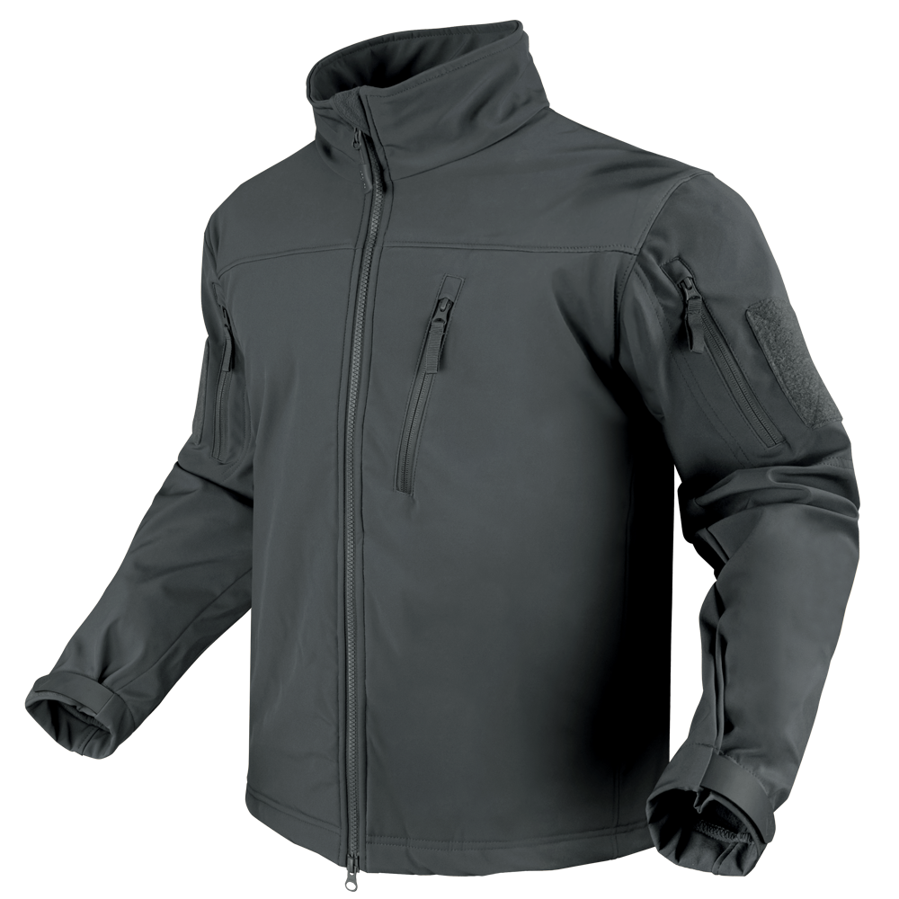 The Condor Phantom Softshell Jacket, in dark gray, features a zip-up front, high collar, zippered chest and sleeve pockets, and adjustable cuffs. Shown on an invisible mannequin.