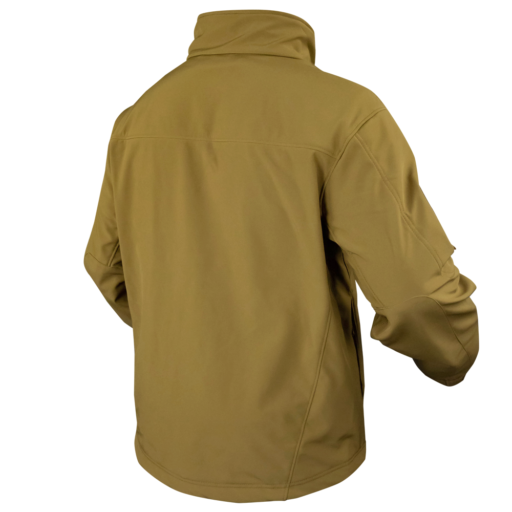 The Phantom Softshell Jacket by Condor is shown from the back in tan, featuring long sleeves and a high collar.