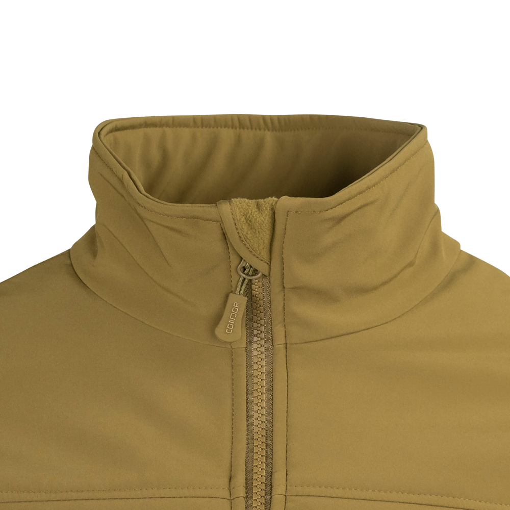 Close-up view of the Condor Phantom Softshell Jacket in tan, featuring a high collar, front zipper, and matching zipper pull.