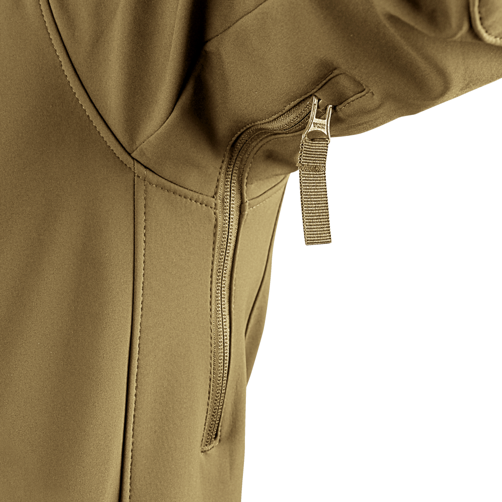 Close-up of the Condor Phantom Softshell Jackets tan sleeve, highlighting a vertical zipper with a fabric pull tab.