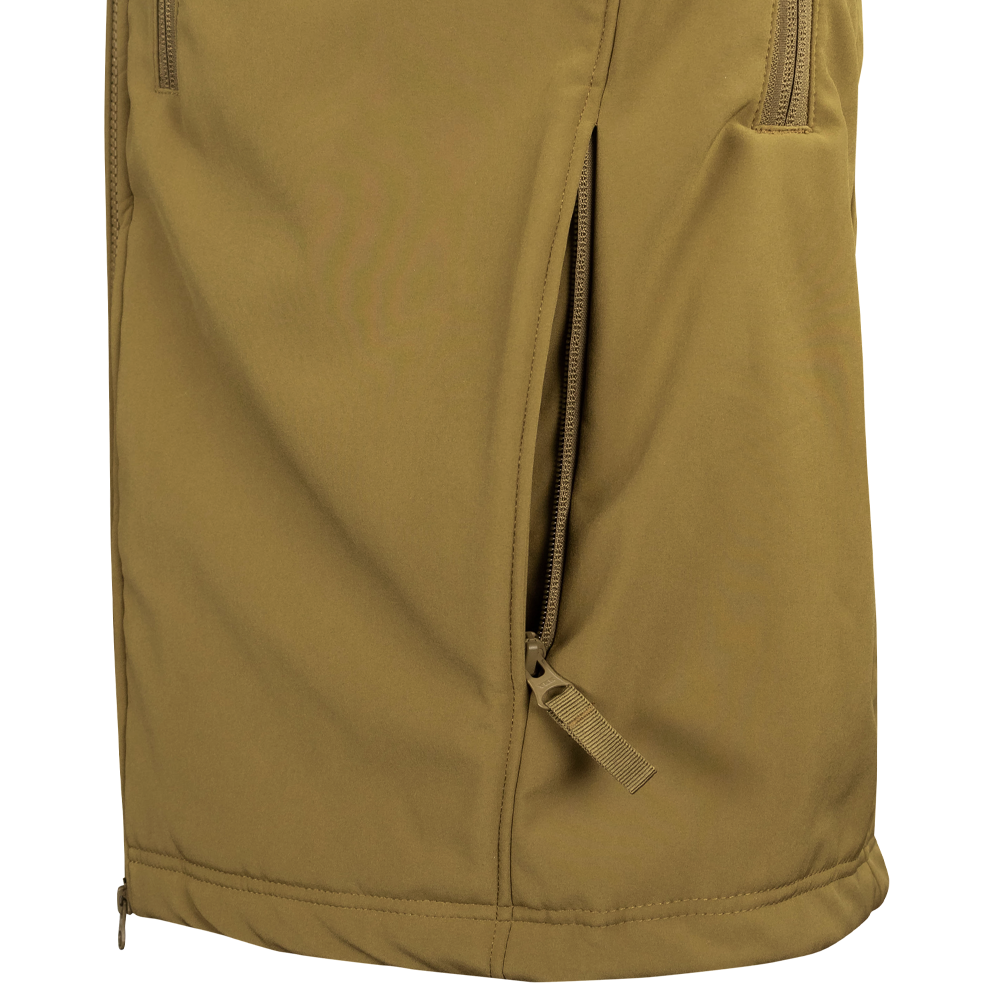 Close-up of the Condor Phantom Softshell Jacket in tan, showcasing a side vertical zippered pocket with a pull tab.