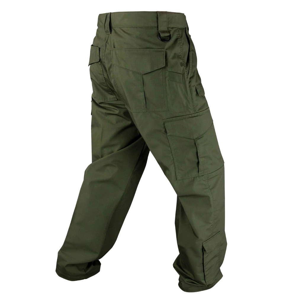 The Condor Sentinel Tactical Pants in olive green, featuring multiple pockets, are shown from the back against a plain white background.