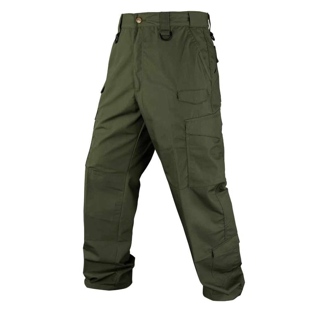Condor Sentinel Tactical Pants in olive green, featuring multiple pockets, belt loops, and reinforced knees, displayed against a plain background.