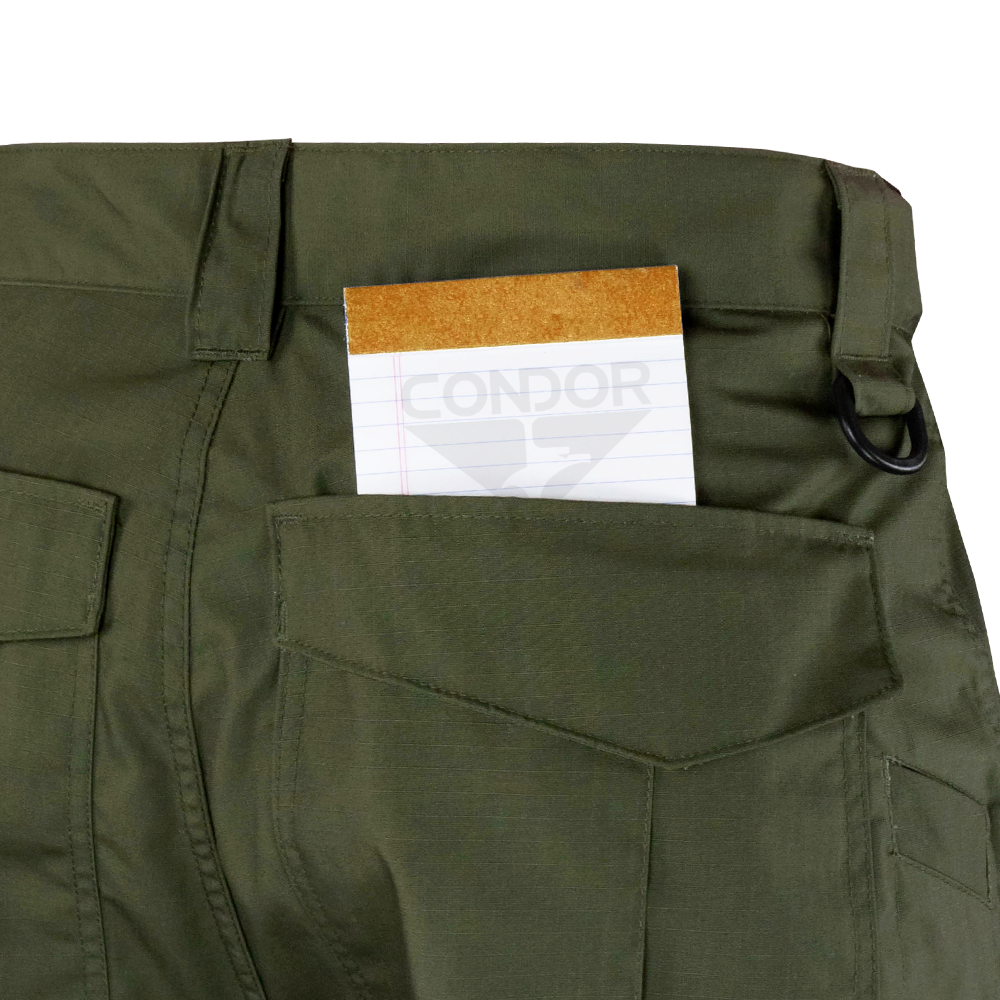 A small notepad partially tucked into the back pocket of Condor Sentinel Tactical Pants.
